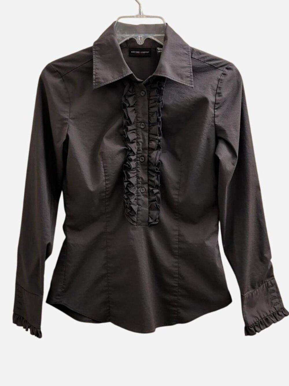 New York & Company Gray Ruffle-Trim Stretch Blouse XS